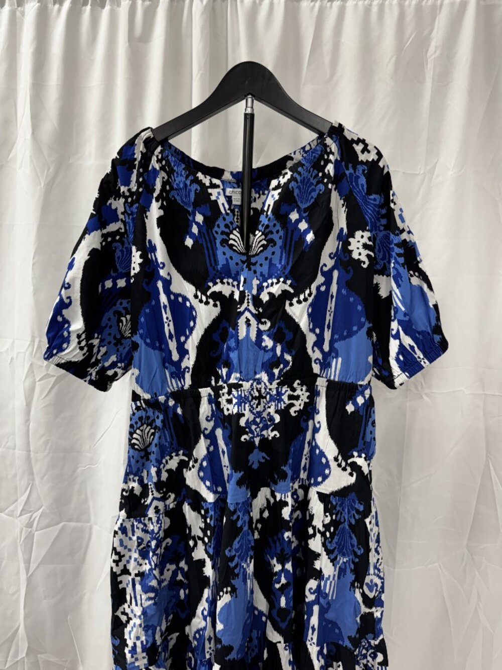 Chicos Ikat Puff Sleeve Smocked Tiered Midi Dress Navy White Sz L 14 - Picture 3 of 15